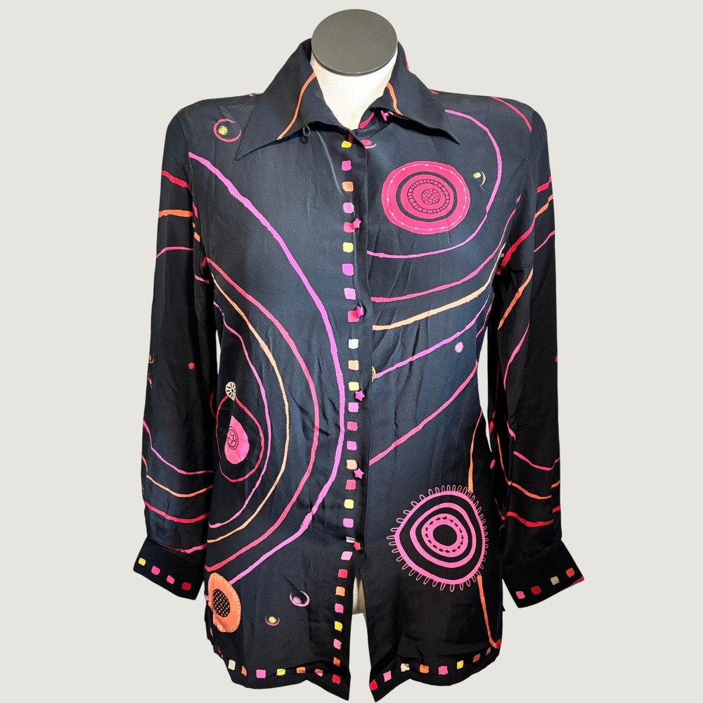 Vtg 90s Dana Buchman Silk Blouse 6 Black Star Button Celestial Whimsical Artsy